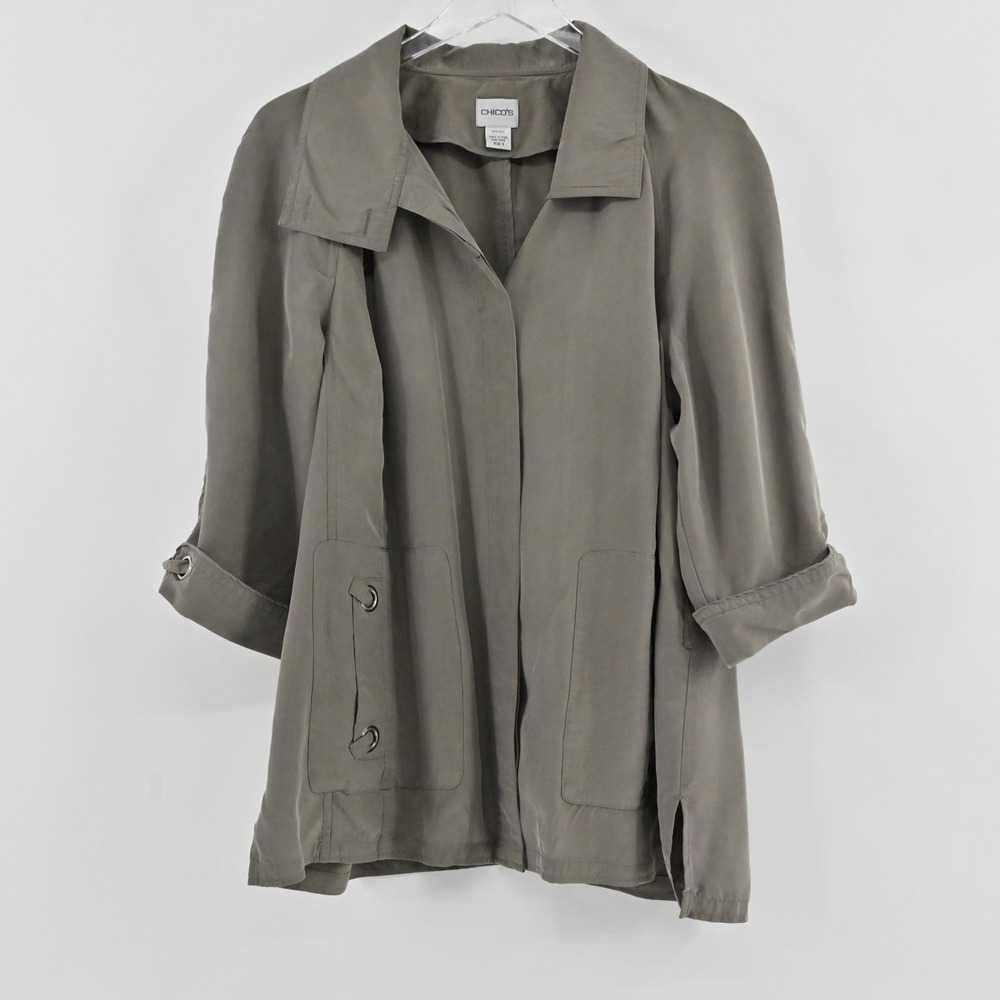 Chicos Utility Jacket Womens Size XL Gray Silk Lightweight Anorak Grommet Silk